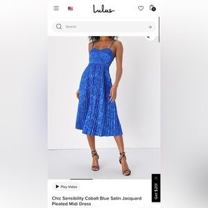 Lulu's Cobalt Blue Satin Jacquard Pleated Midi Dress